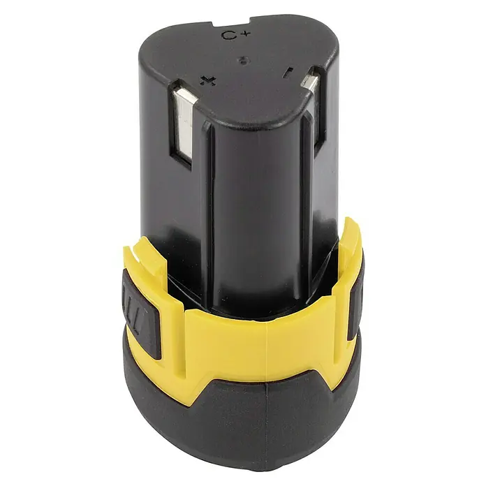 PowerPlus Motosierra de batería POWXG1045 - 12 V, 2 Ah, Iones de litio, 2 baterías, Longitud de la cuchilla: 10 cm - Batería, muy adecuada para herramientas eléctricas. La batería es negra y amarilla.