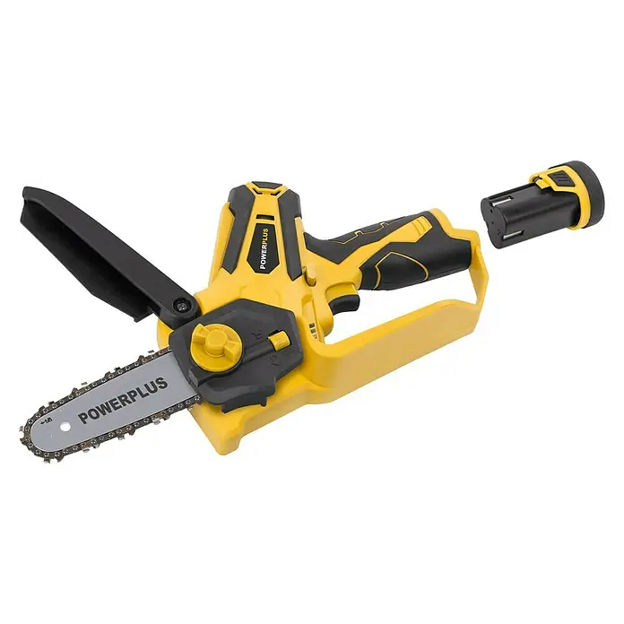PowerPlus Motosierra de batería POWXG1045 - 12 V, 2 Ah, Iones de litio, 2 baterías, Longitud de la cuchilla: 10 cm - Motosierra inalámbrica Powerplus amarilla con batería extraíble, perfecta para trabajos de jardinería. Diseño compacto y manejable.
