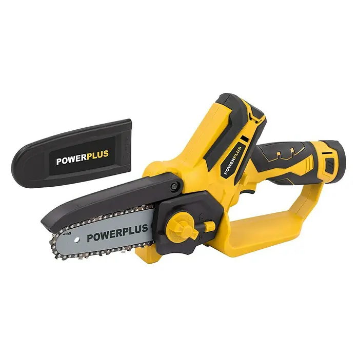PowerPlus Motosierra de batería POWXG1045 - 12 V, 2 Ah, Iones de litio, 2 baterías, Longitud de la cuchilla: 10 cm - Motosierra inalámbrica Powerplus con cubierta de hoja negra para un transporte y almacenamiento seguros.