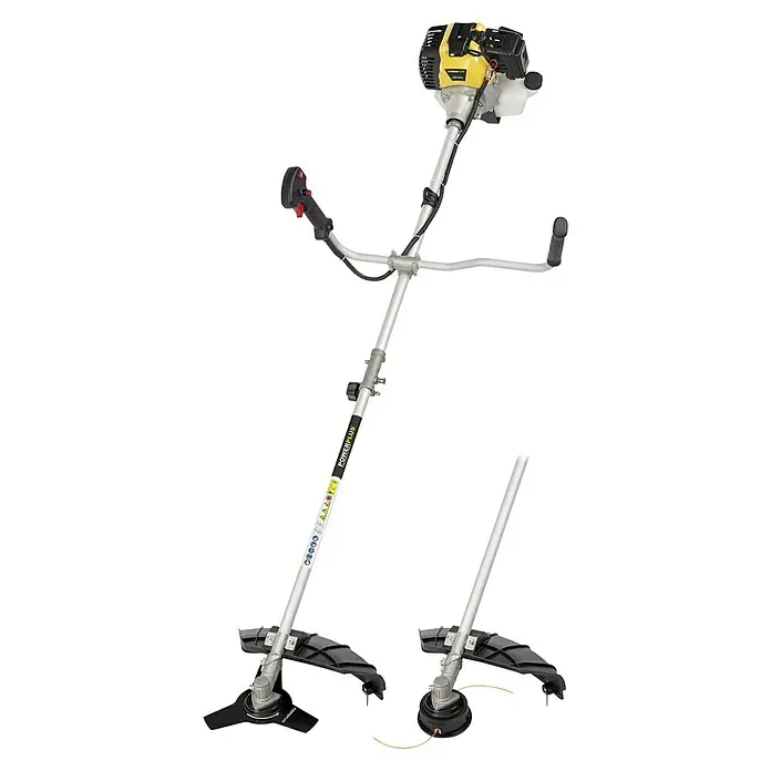 PowerPlus Desbrozadora de gasolina POWXG30412 - 1,4 kW, 52 cm³, Ancho de corte hilo: 42 cm, Ancho de corte cuchilla: 25,5 cm - Desbrozadora con cabezal de cuchilla y bobina de hilo para jardinería versátil, ideal para recortar céspedes y malas hierbas.