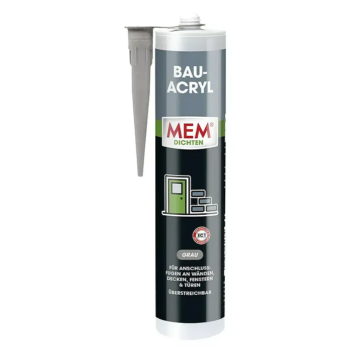 MEM Bau-Acryl - Grau, 300 ml - Eine Kartusche Bauacryl in Grau, ideal für Anschlussfugen an Wänden, Decken, Fenstern und Türen, und ist überstreichbar.