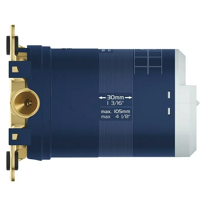 Grohe Unterputzsystem Rainshower SmartBox - ½″, Passend für: Grohe Kopfbrausen Rainshower SmartBox - Detaillierte Ansicht eines Unterputz-Thermostats mit Messangaben. Perfekt für präzise Badinstallationen.