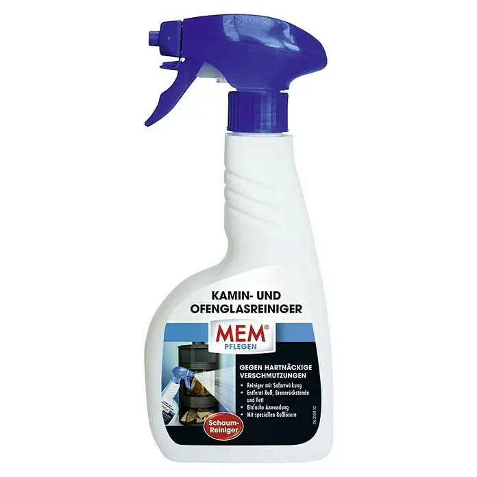 MEM Kamin- & Ofenglasreiniger - 500 ml - Das Bild zeigt einen Kamin- und Ofen Glasreiniger von MEM Pflege in einer Sprühflasche.