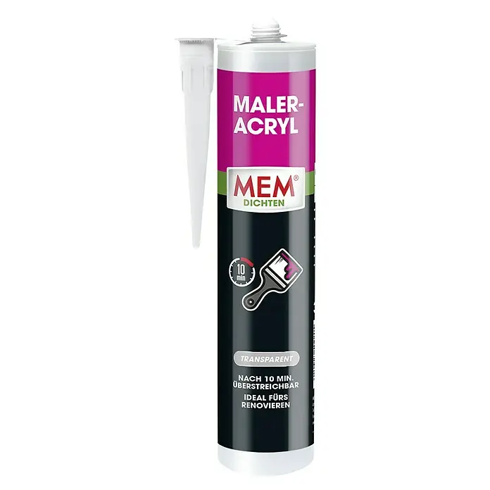 MEM Maleracryl - Transparent, 300 ml - Abbildung eines MEM Maler-Acryl Dichtstoffs, transparent und nach 10 min überstreichbar, ideal für Renovierungen.
