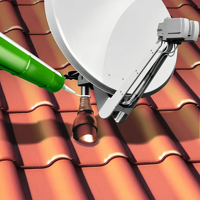 MEM Dicht-Fix Kartusche - 310 ml - Satellitenschüssel auf einem Dach mit roter Eindeckung, abgedichtet mit grüner Dichtmasse für optimalen Empfang und Schutz vor Witterungseinflüssen.