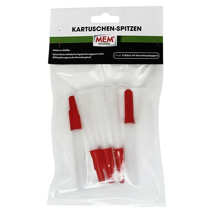 MEM Kartuschenspitzen-Set - 5 Stk. - Bild einer Packung MEM Kartuschen-Spitzen, wiederverschließbare Düsen für Kartuschen, die an Fugenbreiten angepasst werden können, Inhalt: 5 Stück.