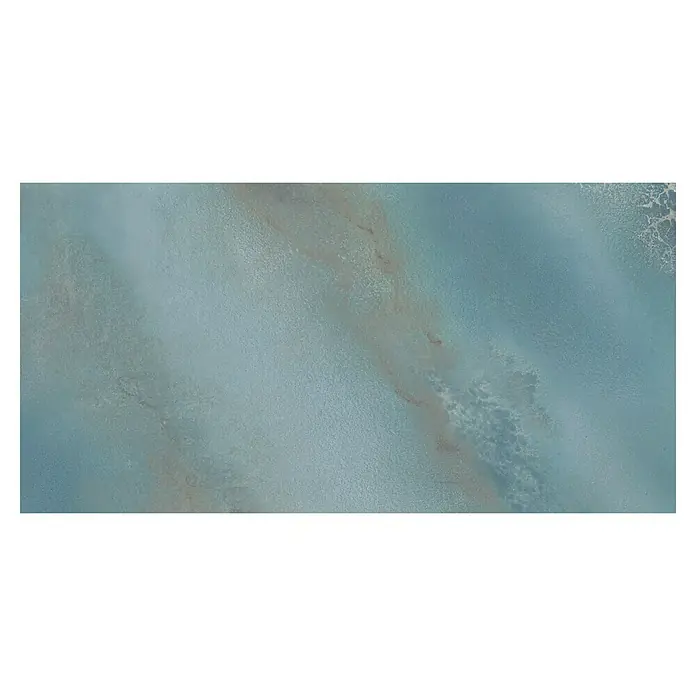 Feinsteinzeugfliese Hydra Aqua - 59,8 x 119,8 cm, Blau, Glänzend - Ein abstraktes Bild mit blauen und braunen Farbtönen, das eine strukturierte Oberfläche zeigt, ähnlich einer Marmorplatte.