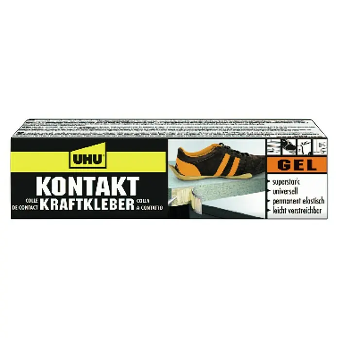 UHU Kontakt Kraftkleber - 40 g, Gelartig, Tube - Abbildung von UHU Kontakt Kraftkleber Gel, einem Alleskleber für dauerhafte, elastische Verbindungen.