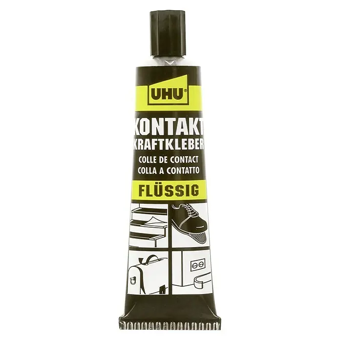 UHU Kontakt Kraftkleber - 40 g, Flüssig, Tube - Abbildung einer Tube UHU Kontakt Kraftkleber Flüssig, ideal für Möbelreparaturen, Schuhkleben und andere Bastelprojekte.