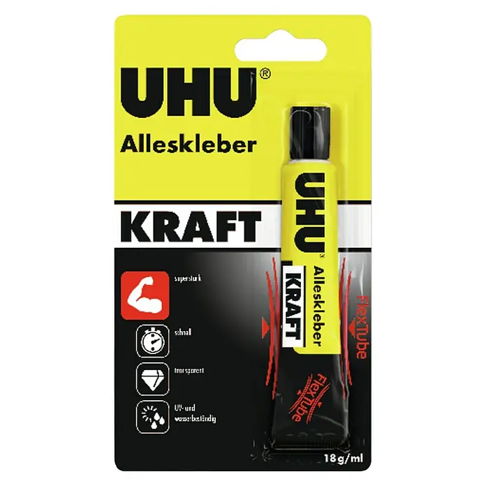 UHU Alleskleber Kraft Flex & Clean Kraft - 18 g, Gelartig, Gebrauchsfertig - Bild einer Verpackung UHU Kraft Alleskleber, einem starken, schnell wirkenden Universalkleber in einer flexiblen Tube für präzises Auftragen.