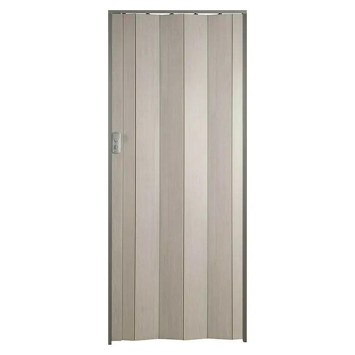 Grosfillex Falttür Spacy - Lärche grau, 84 x 205 cm - Nahaufnahme einer beigen Falttür mit Schloss, die sich ideal für kleine Räume eignet. Sie bietet Funktionalität und dezentes Design.