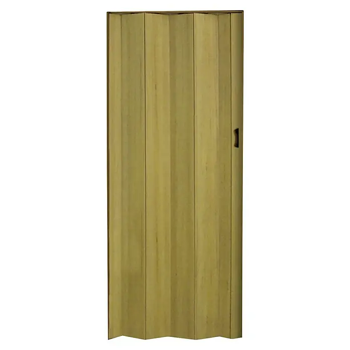 Grosfillex Falttür Una - 84 x 205 cm, Altholzeffekt - Holzklapptür mit Griff. Die Tür ist aus hellbraunem Holz gefertigt und hat einen dunklen Griff an der Seite.
