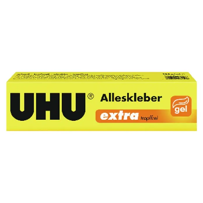UHU Alleskleber extra - 125 g, Gelartig, Gebrauchsfertig - Abbildung eines gelben UHU Alleskleber Gel, ein vielseitiger Klebstoff für verschiedene Materialien und Anwendungen, mit extra Tropffrei-Formel.