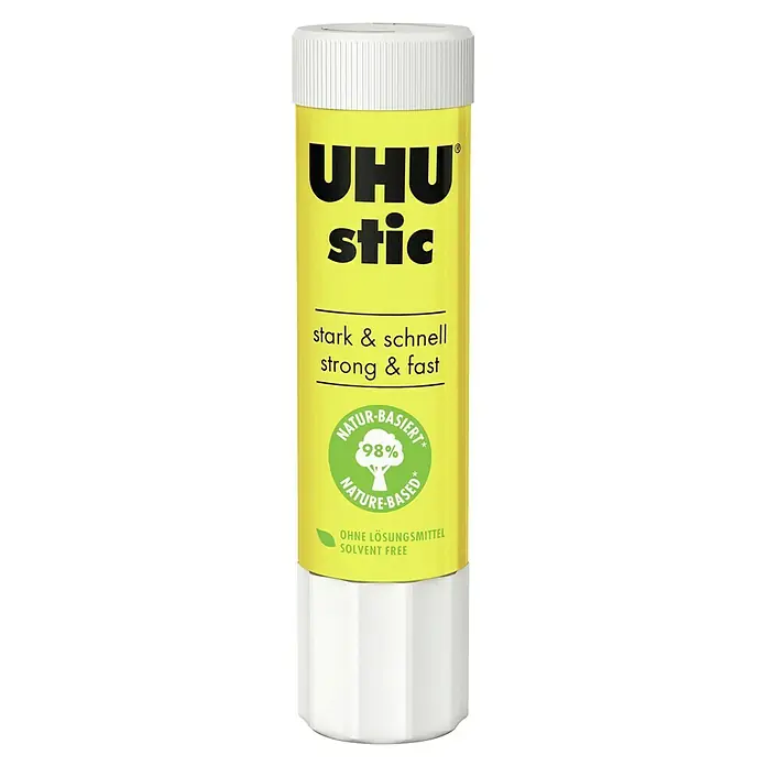 UHU Klebestift stic - 21 g, Fest - Ein UHU stic Klebestift mit gelber Verpackung, der "stark & schnell" und "98% naturbasiert" ist.