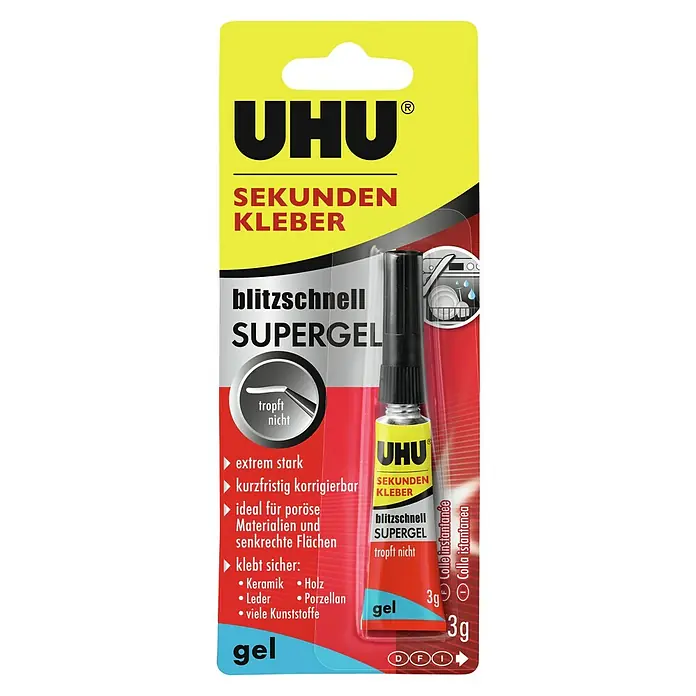 UHU Sekundenkleber Blitzschnell Supergel - 3 g, Gelartig, Tube - UHU Sekundenkleber Super Gel: Extrem starker, kurzfristig korrigierbarer Kleber für poröse Materialien, ideal für Keramik, Holz, Leder und Kunststoffe.
