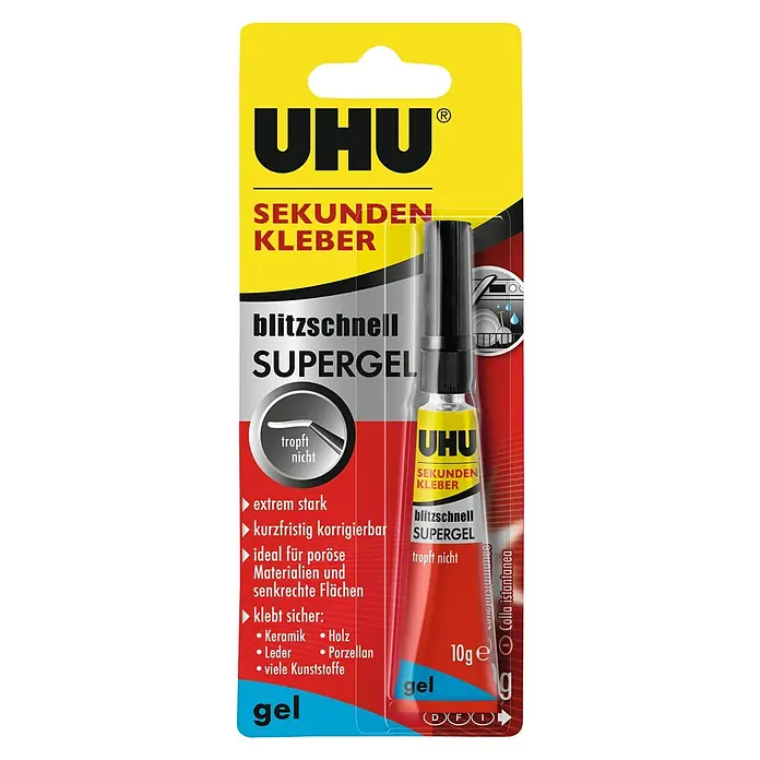 UHU Sekundenkleber Blitzschnell Supergel - 10 g, Gelartig, Tube - Produktbild von UHU Sekundenkleber Super Gel. Der Kleber ist extrem stark, kurzfristig korrigierbar und ideal für poröse Materialien.