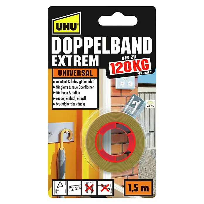 UHU Doppelband Universal Extrem - 1,5 m x 19 mm - UHU Doppelband Extrem Universal: Starkes, doppelseitiges Klebeband für dauerhafte Montage auf glatten und rauen Oberflächen, bis 120kg pro Rolle.