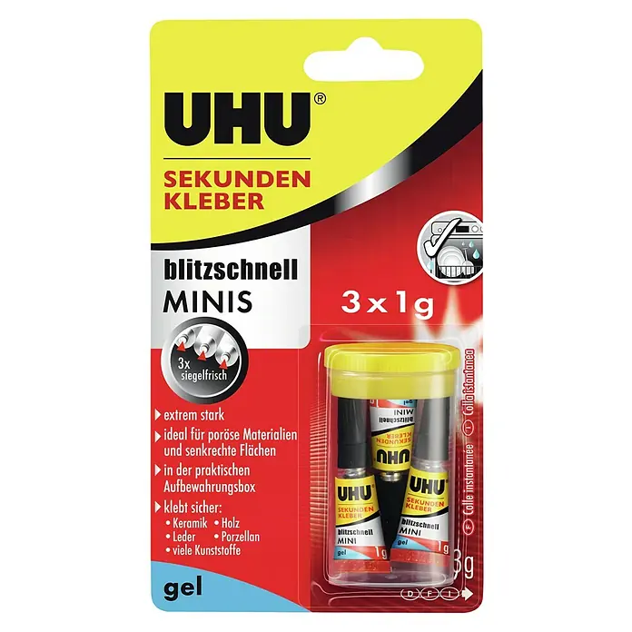 UHU Sekundenkleber Blitzschnell Minis - 1 g, 3 Stk., Gelartig, Blister - UHU Sekundenkleber Minis Gel: 3 Tuben à 1g im Blisterpack. Ideal für schnelle und präzise Verklebungen im Haushalt und Hobbybereich.