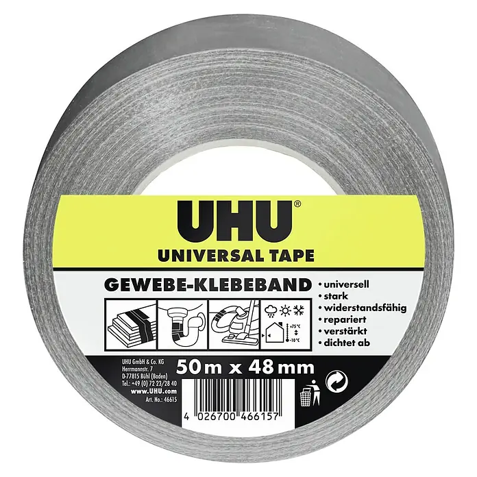UHU Gewebe-Klebeband Universal - 50 m x 50 mm - Bild einer UHU Universal Tape Rolle, ideal für Reparaturen und vielseitige Anwendungen.