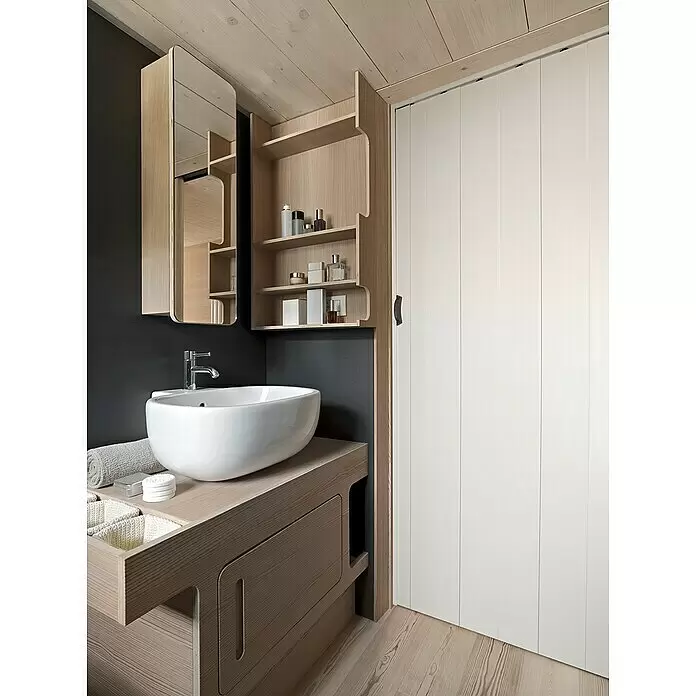 Grosfillex Falttür Una - 84 x 205 cm, Weiß - Moderne Badezimmermöbel aus hellem Holz mit weißem Aufsatzwaschbecken und passendem Spiegelschrank im Kompaktbad.