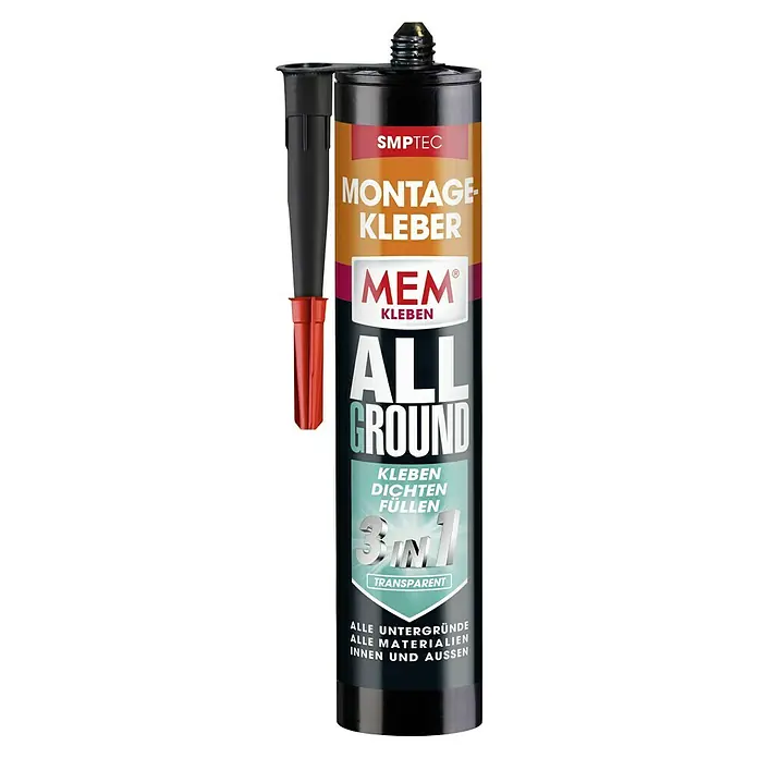 MEM Montagekleber ALLGROUND 3in1 - Transparent, 310 g - Produktbild einer Kartusche SMPTEC Montagekleber All Ground 3in1 Transparent, vielseitig einsetzbarer Montagekleber für verschiedene Materialien.