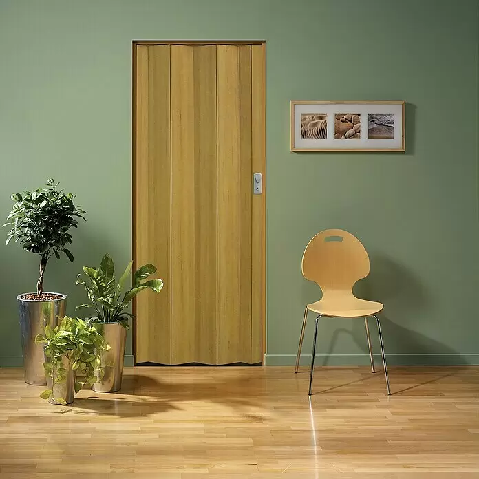 Grosfillex Falttür Spacy - Altholzeffekt, 84 x 205 cm - Hellbraune Falttür aus Holz.