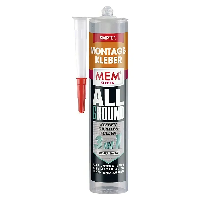 MEM Montagekleber ALLGROUND 3in1 - Kristallklar, 300 g - Eine Kartusche MEM All Ground Montagekleber, ein vielseitiger, kristallklarer Klebstoff für alle Untergründe im Innen- und Außenbereich.