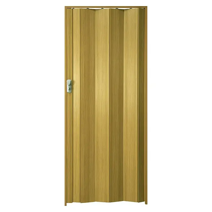 Grosfillex Falttür Spacy - Altholzeffekt, 84 x 205 cm - Abbildung einer goldenen Akkordeontür, ideal für platzsparende Inneneinrichtungen, mit Griff und sichtbarer Holzstruktur.