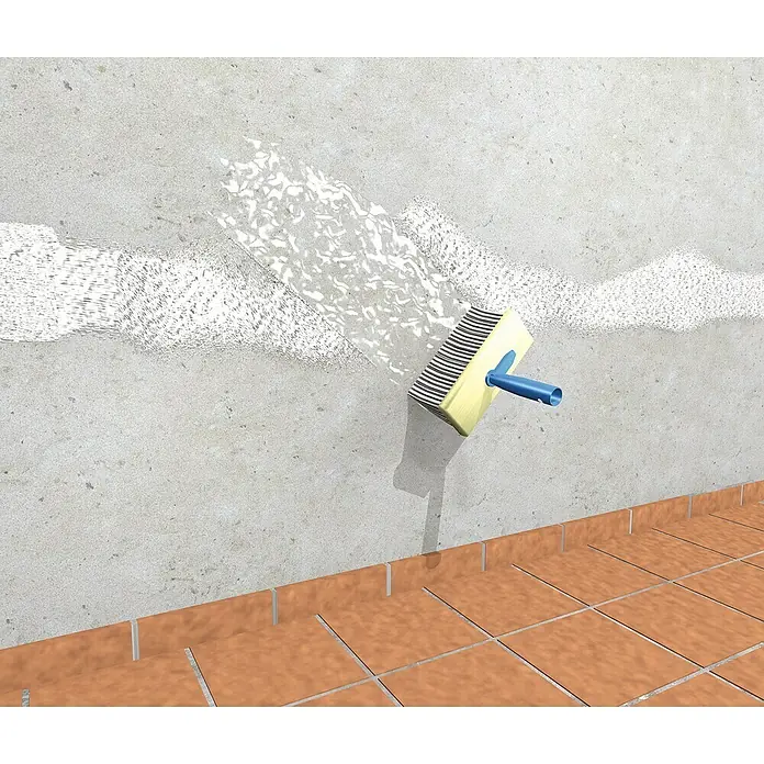 MEM Salpeter-Entferner - 1 l - Illustration eines gelben Flächenstreichers mit blauem Griff, der auf eine graue Wand aufgetragen wird.