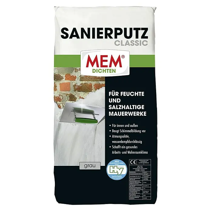 MEM Sanierputz Classic - 25 kg, Grau - Abbildung eines Sacks Sanierputz Classic von MEM, ideal für feuchte und salzhaltige Mauern, sowohl innen als auch außen anwendbar.