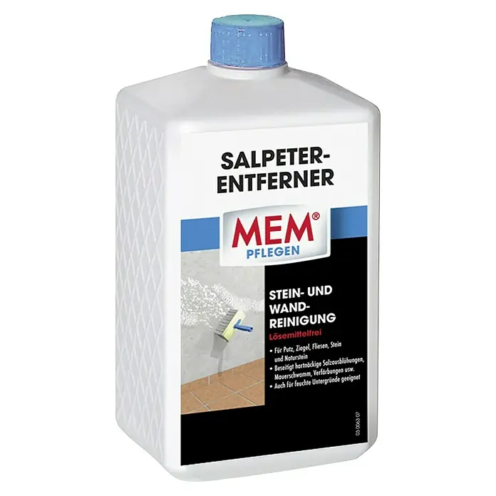 MEM Salpeter-Entferner - 1 l - Bild einer Flasche MEM Salpeterentferner, einem lösemittelfreien Reiniger für Stein und Wände, der hartnäckige Ausblühungen beseitigt.