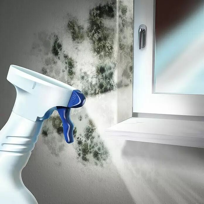MEM Schimmel-Entferner - 500 ml - Eine weiße Sprühflasche mit blauem Abzug sprüht Reinigungslösung auf schimmelige Wände neben einem Fenster.