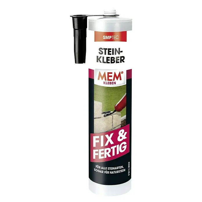 MEM Steinkleber FIX & FERTIG - 445 g - Produktaufnahme eines SMPTEC Steinklebers von MEM, Fix & Fertig, ideal für alle Steinarten, sogar Naturstein.