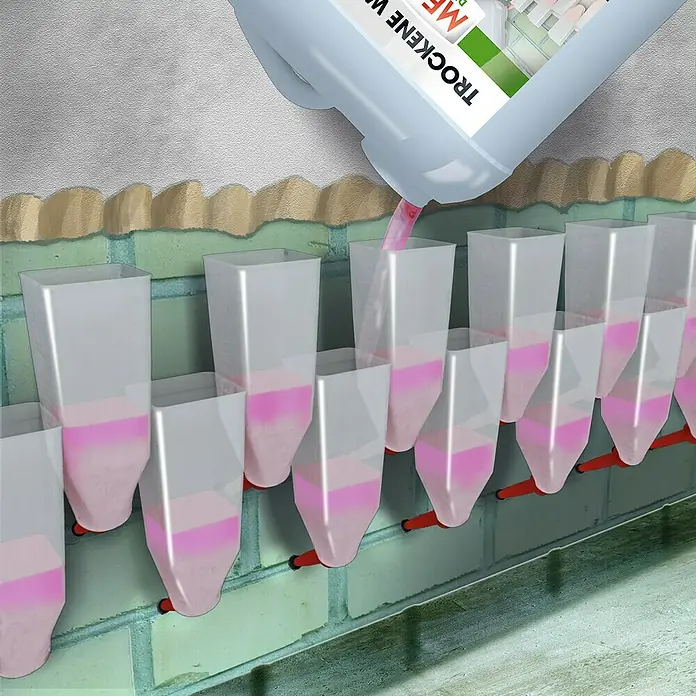 MEM Injektionstrichter - 100 Stk. - Eine Flasche Trockene Wände MF wird verwendet, um Flüssigkeit in transparente Behälter zu gießen, die an einer Wand befestigt sind.