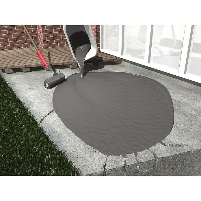 MEM Wasserstop - 6 kg - Betonversiegelung wird auf eine Terrasse aufgetragen, um sie vor Witterungseinflüssen zu schützen, mit Rolle.