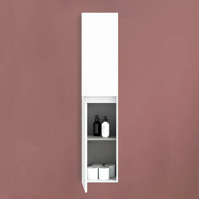 Artysan Armario colgante de baño Stein - L x An x Al: 25 x 30 x 140 cm, Blanco - Gabinete de baño de pared en blanco con compartimento abierto, lleno de jabón y papel higiénico.