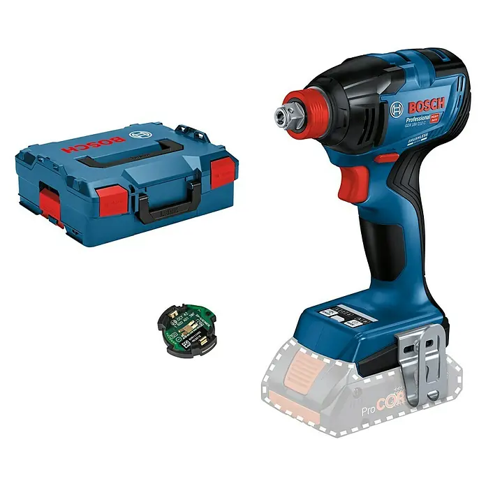 Bosch Professional AMPShare 18V Akku-Drehschlagschrauber GDX 18V-210 C - 18 V, Ohne Akku, 210 Nm, Mit Bluetooth-Modul - Das Bild zeigt einen blauen Bosch GDX 18V-210 C Akku-Schlagschrauber mit Zubehör und einem L-Boxx Koffer.