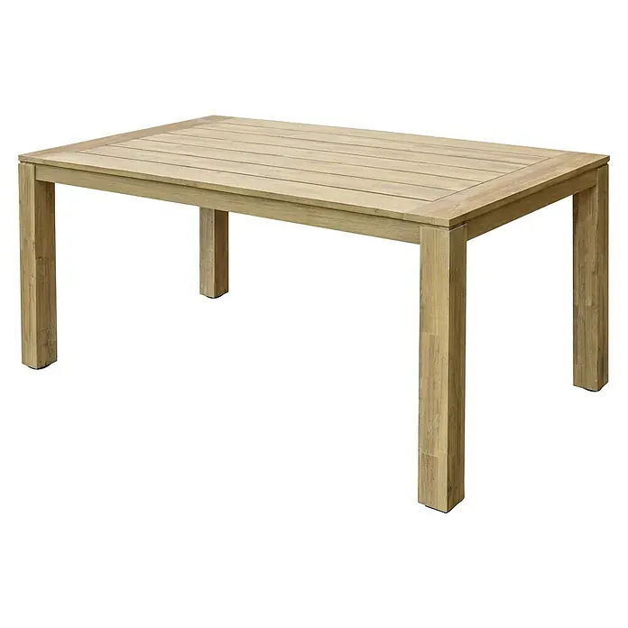 Sunfun Gartenmöbel-Set Laura/Pauline - 4 -tlg., Akazie/Aluminium/Polyrattan, Naturbraun/Bambus Grey - Ein rechteckiger Holztisch mit einer glatten Oberfläche und vier robusten Beinen, ideal für den Innen- und Außenbereich.