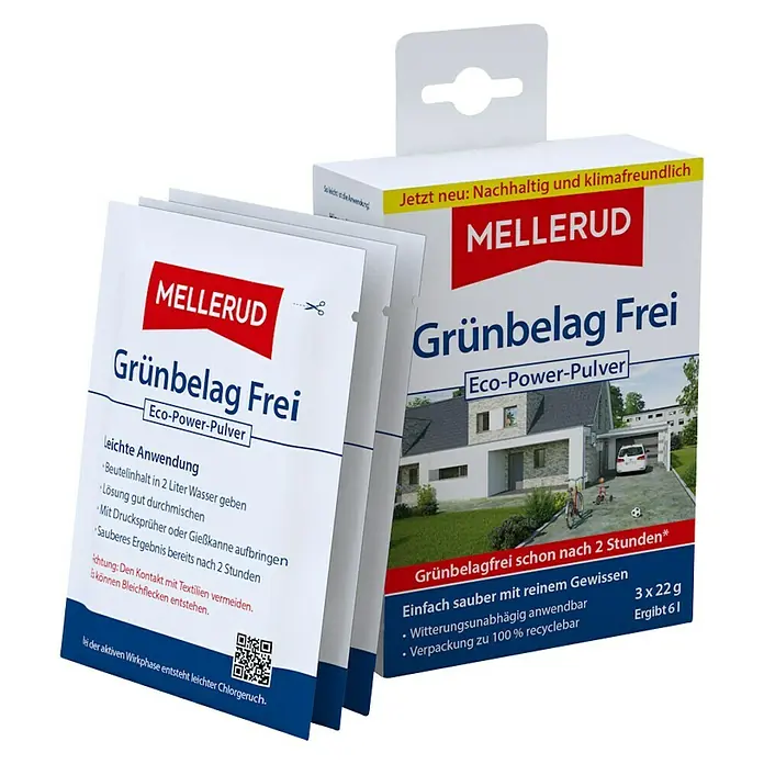 Mellerud Grünbelag-Entferner Grünbelag Frei Eco-Power-Pulver - 66 g - Das Bild zeigt eine Packung MELLERUD Grünbelag Frei Eco-Power-Pulver, ein Produkt zur Entfernung von Grünbelag im Außenbereich.