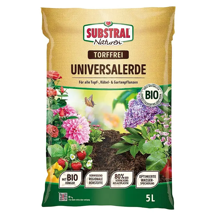 Substral Naturen Blumenerde - 5 l - Abbildung eines 5L-Sacks Substral Naturen torffreie Universalerde, geeignet für Topf-, Kübel- und Gartenpflanzen mit Bio-Dünger.