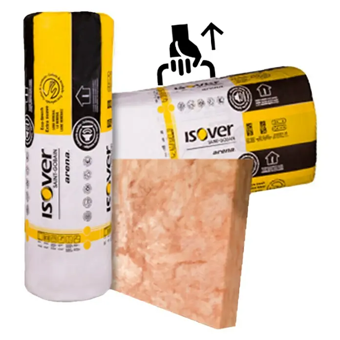 Lana mineral Arena Apta - L x An x Es: 1,35 m x 0,6 m x 4,8 cm - La imagen muestra un rollo y un trozo de lana mineral Isover Arena, un producto de Saint-Gobain, utilizado para el aislamiento térmico y acústico en edificios.