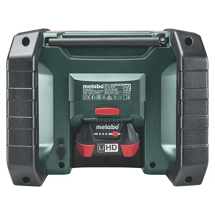 Metabo CAS 18V Akku-Baustellenradio R 12-18 BT - 18 V, Ohne Akku, Frequenz: 87,5 - 108,0 kHz (FM) - Detailansicht des Metabo R 12-18 BT Baustellenradios mit Akku-Einschub und robustem Gehäuse.