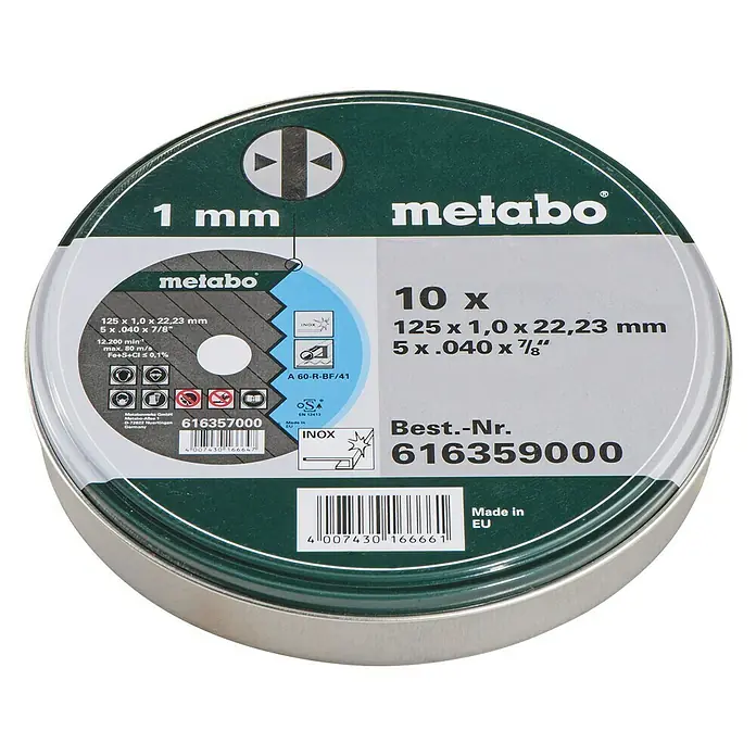 Metabo Trennscheiben-Set - Durchmesser: 125 mm, Bohrung: 22,23 mm, 10 Stk. - Dose mit 10 Metabo Trennscheiben, 125 x 1,0 x 22,23 mm, geeignet für Edelstahl (INOX).