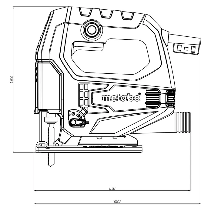 Metabo Elektro-Pendelhubstichsäge STEB 65 Quick - 600 /min - 3.000 /min, Max. Schnitttiefe in Holz: 65 mm, Anzahl Pendelhubstufen: 4 Stk. - Eine technische Zeichnung der Metabo Stichsäge mit Maßen und Details.