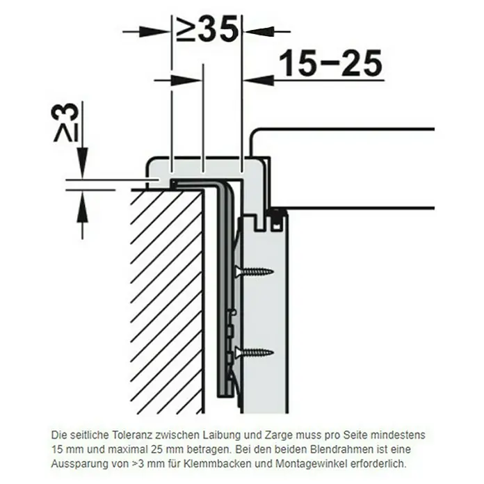 Häfele Zargenbefestiger Startec Frame Fix - Geeignet für: Holzzargen, Passend für: Wandstärke 125 – 165 mm, 6 Stk. - Detailzeichnung einer Möbelinstallation mit Maßangaben.