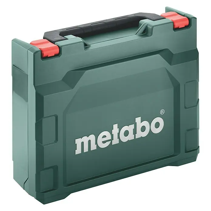 Metabo Akku-Bohrschrauber PowerMaxx BS Basic - 12 V, 2 Akkus, 2 Ah - Abbildung einer grünen Metabo Werkzeugkiste mit schwarzem Griff und roten Verschlüssen. Ideal zur Aufbewahrung von Werkzeugen.