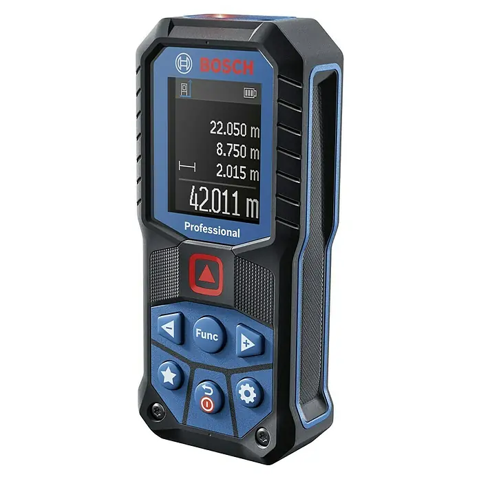 Bosch Professional Laserentfernungsmesser GLM 50-22 - Messbereich: 0,05 - 50 m - Bosch GLM 50-27 C Professional Laser-Entfernungsmesser mit blauem Gehäuse und Display, das Messwerte anzeigt.