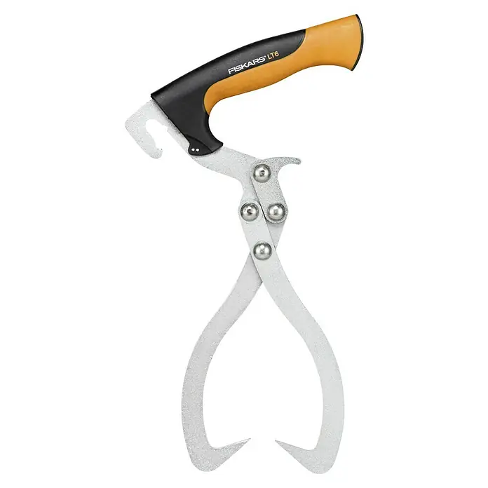 Fiskars WoodXpert Handpackzange - Länge: 38 cm - Nahaufnahme einer Fiskars LT6 Holzhebezange mit orangefarbenem Griff, ideal zum sicheren Heben von Holzstämmen. Robuste Bauweise.