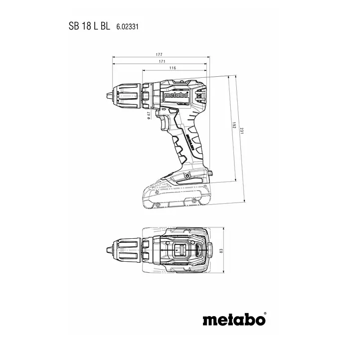 Metabo CAS 18V Akku-Schlagbohrschrauber SB 18 L BL - 18 V, 2 Akkus, 2 Ah - Schema des Metabo SB 18 L BL Akku-Schlagbohrschraubers mit Maßangaben zu Länge, Höhe und Durchmesser.