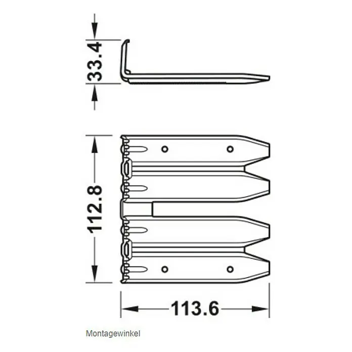 Häfele Zargenbefestiger Startec Frame Fix - Geeignet für: Holzzargen, Passend für: Wandstärke 125 – 165 mm, 6 Stk. - Technische Zeichnung des Montagebügels mit Bemaßungen. Das Teil ist 113.6 mm breit und 112.8 mm hoch und besitzt eine Tiefe von 33.4 mm.